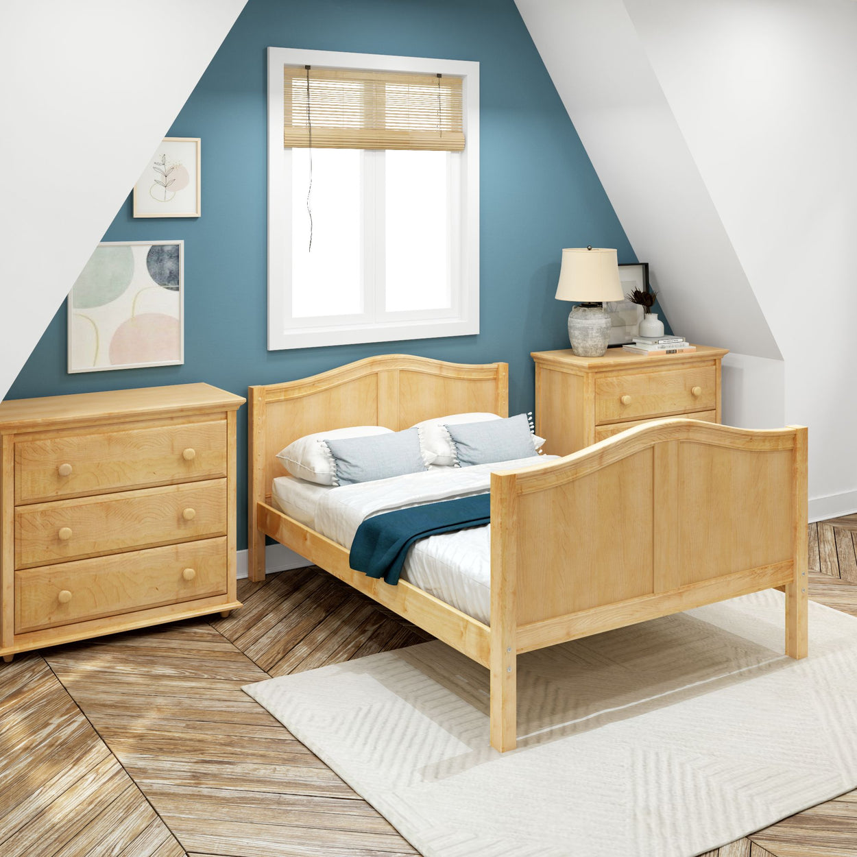 Cozy attic bedroom with wooden furniture, including bed and dressers, featuring blue accent wall and modern decor.