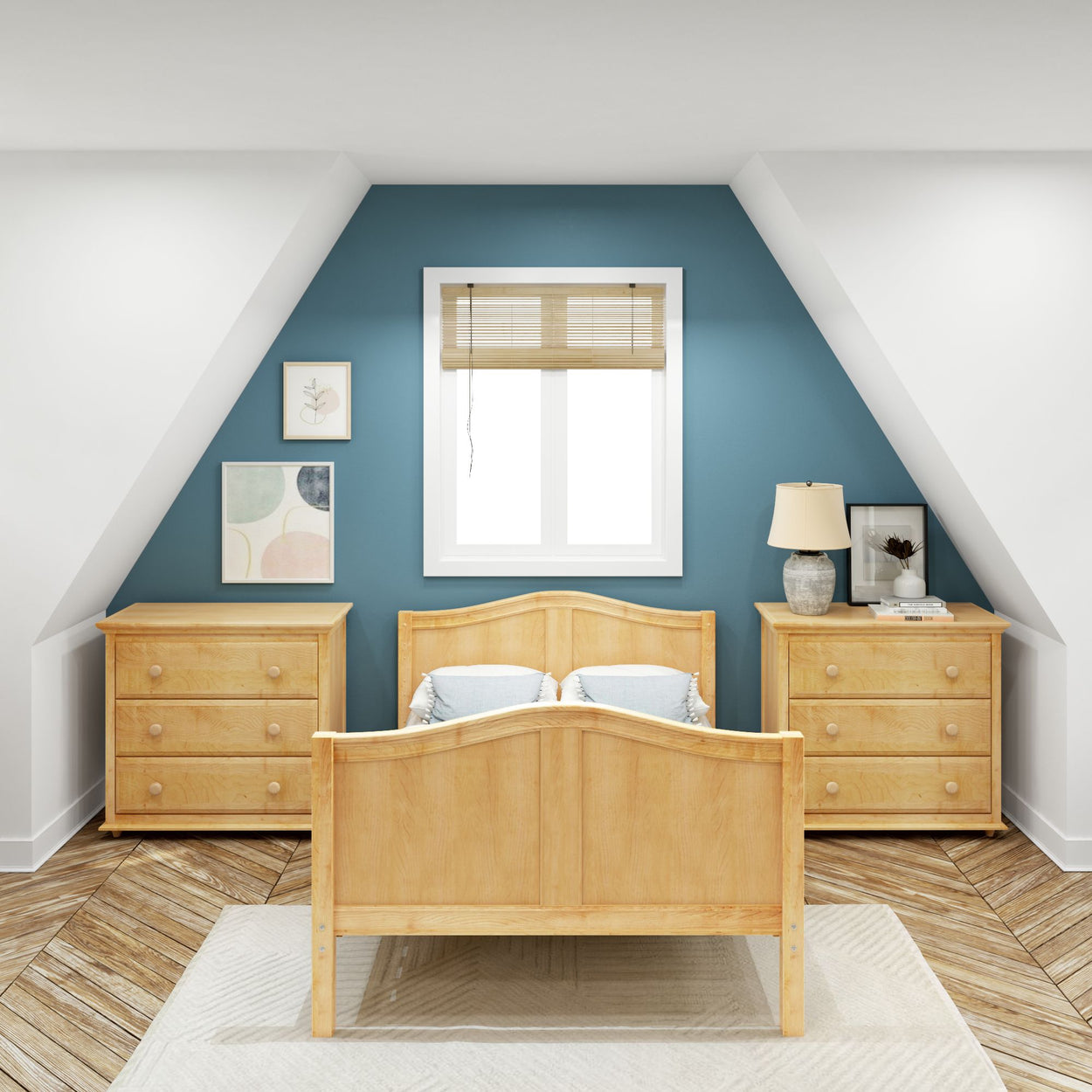 Cozy attic bedroom with wooden furniture, blue accent wall, and natural light.