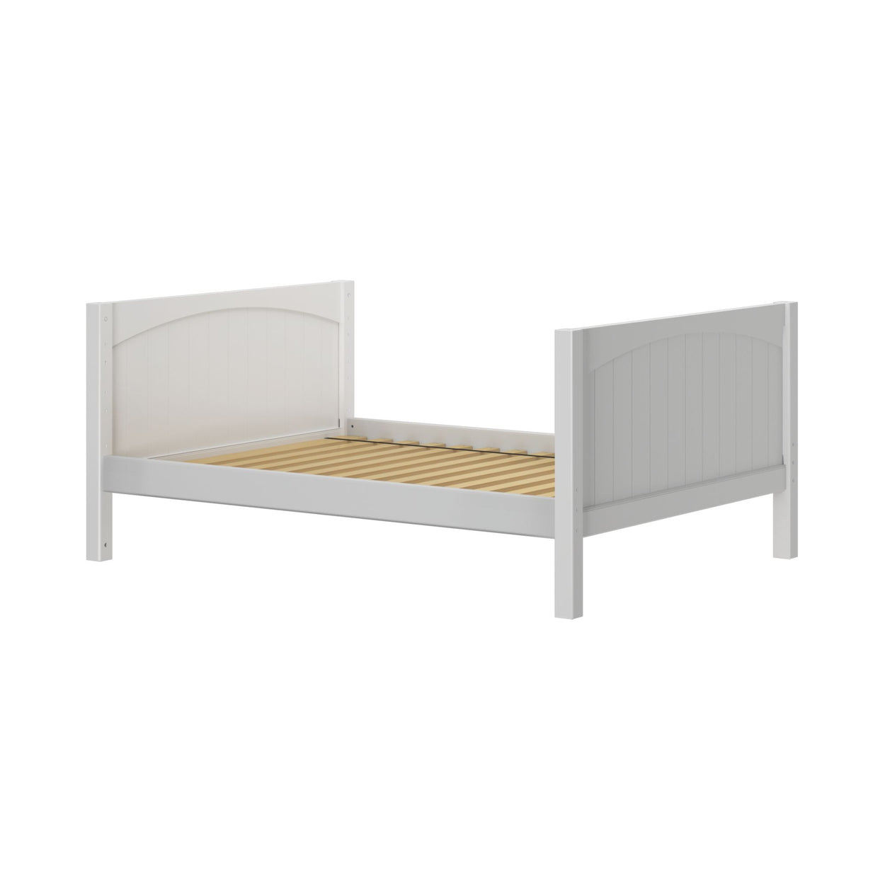 White wooden twin bed frame with slatted base and arched headboard and footboard.