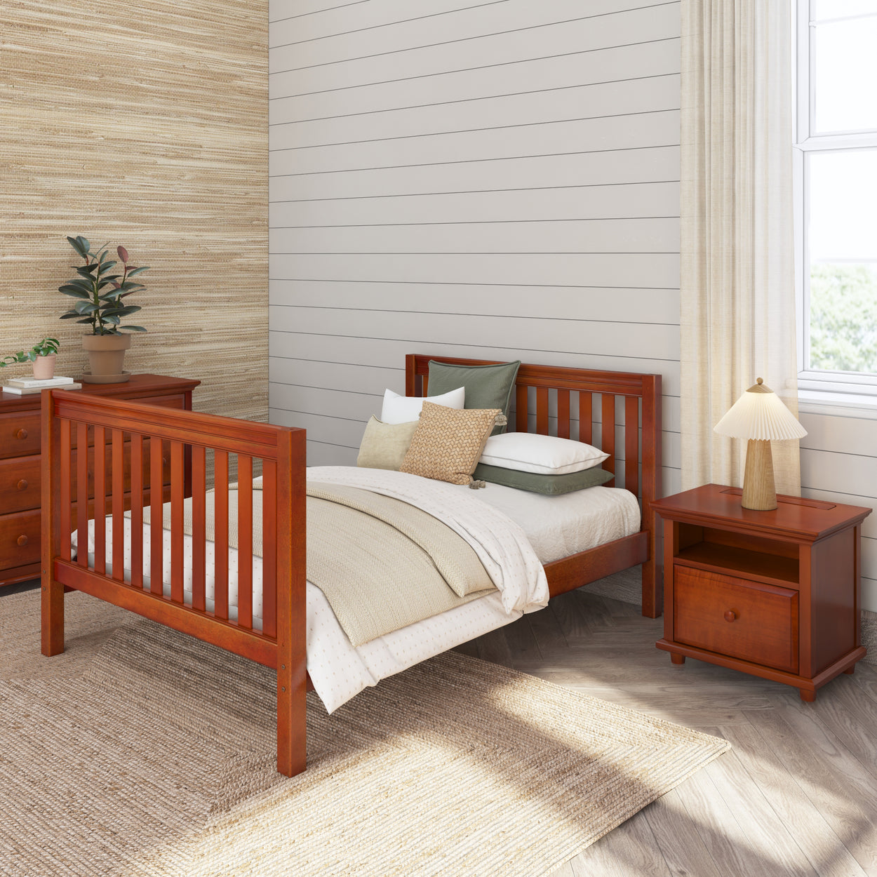 Modern bedroom with wooden furniture set, including bed, nightstand, and dresser, featuring neutral-toned bedding and decor.