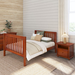 Modern bedroom with wooden furniture set, including bed, nightstand, and dresser, featuring neutral-toned bedding and decor.