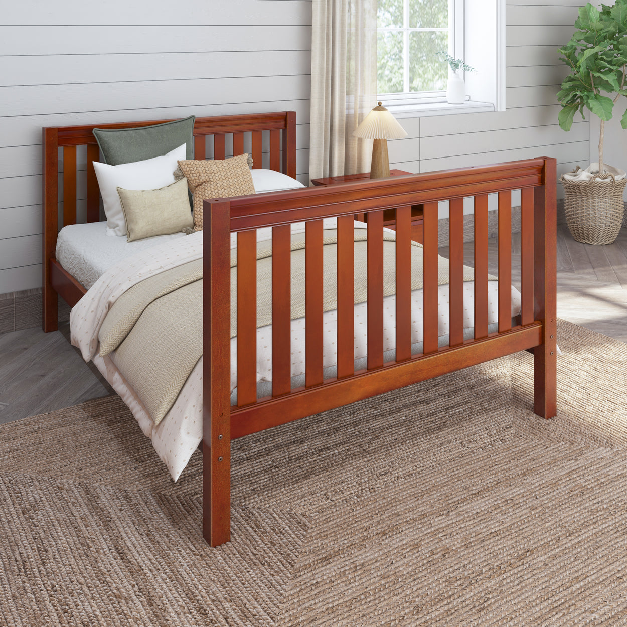 Wooden bed frame with cozy bedding in a modern bedroom setting.