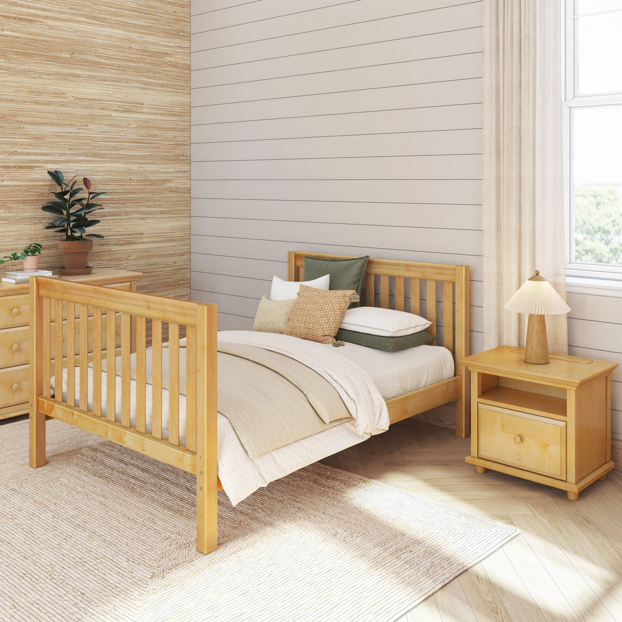 Stylish minimalist bedroom with wooden furniture, cozy bedding, and natural lighting.