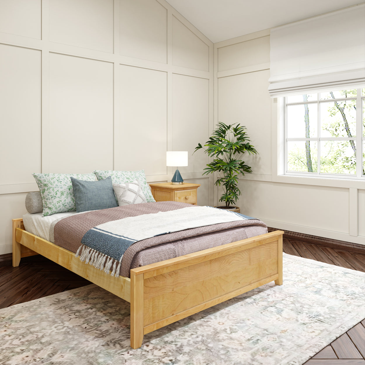 Cozy bedroom interior with wooden bed frame, green plant, and natural light through window.