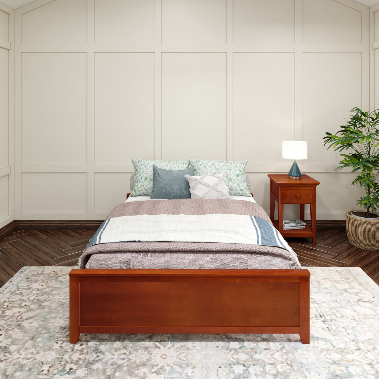 Cozy bedroom with wooden bed frame, decorative pillows, and nightstand with lamp, showcasing modern interior design.