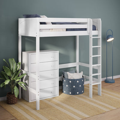 White wooden loft bed with ladder and built-in drawers, navy bedding and basket in modern kids' bedroom with green wall