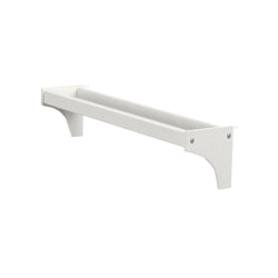 White wall-mounted floating shelf bracket with corbel-style supports, sturdy shelf support for kitchen, bathroom, or living room storage and display