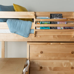 Natural maple kids' loft bed with built-in desk, drawers and bookshelf, blue quilt and yellow pillow