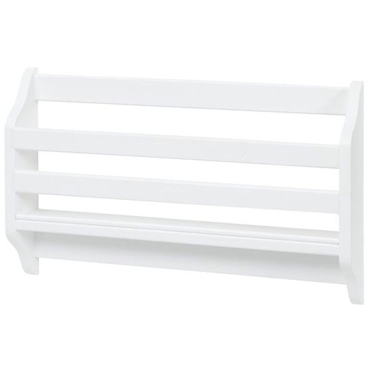 White wooden wall-mounted spice rack shelf with three slatted tiers and front rail for jars — kitchen wall organizer for spice jars and small cookware