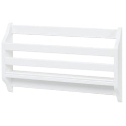 White wooden wall-mounted spice rack shelf with three slatted tiers and front rail for jars — kitchen wall organizer for spice jars and small cookware
