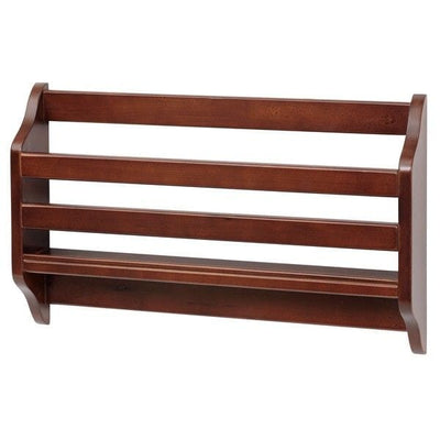 Dark cherry wall-mounted wooden spice rack with three slatted tiers, kitchen storage shelf for spice jars and small bottles