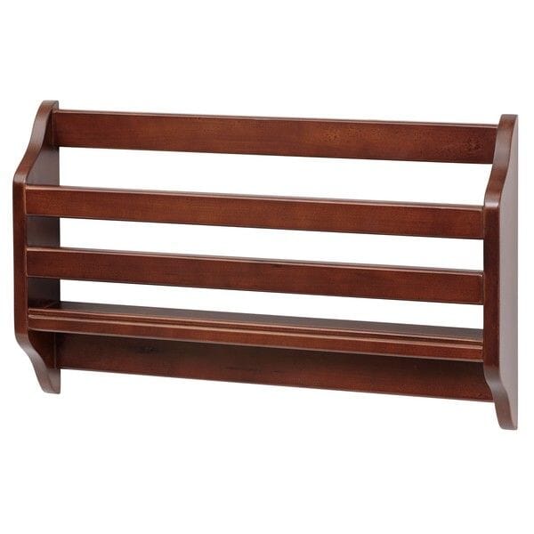 Dark cherry wall-mounted wooden spice rack with three slatted tiers, kitchen storage shelf for spice jars and small bottles