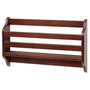 Dark cherry wall-mounted wooden spice rack with three slatted tiers, kitchen storage shelf for spice jars and small bottles