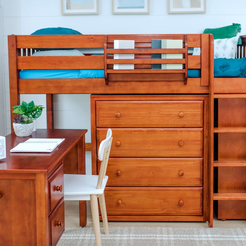 Solid wood loft bed with built-in four-drawer dresser and integrated desk, white chair and teal bedding in a space-saving children's bedroom storage and study area.