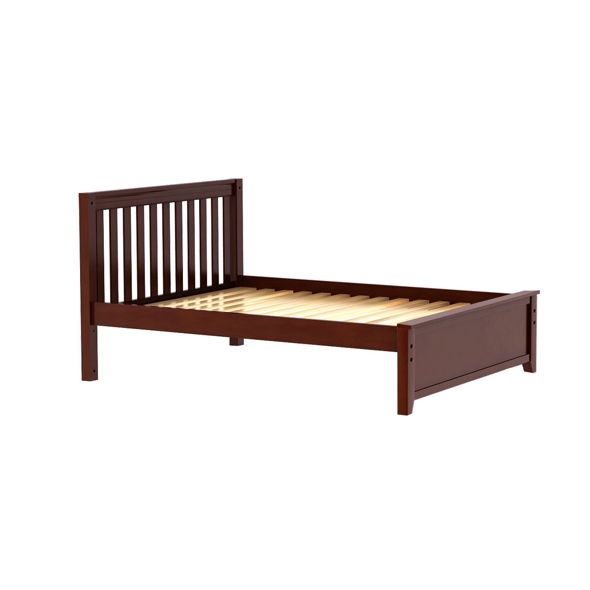Wooden platform bed frame with slatted headboard and footboard in dark brown finish.