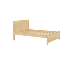 Wooden slatted bed frame with headboard in light natural finish.