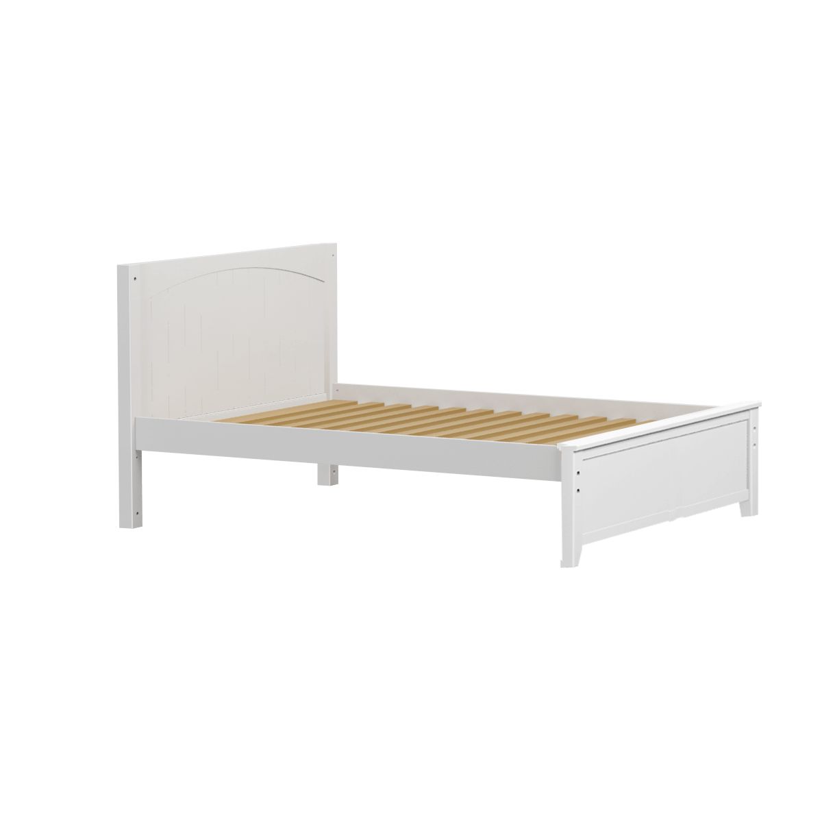 White wooden bed frame with slatted base and minimalist design.