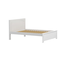 White wooden bed frame with slatted base and minimalist design.