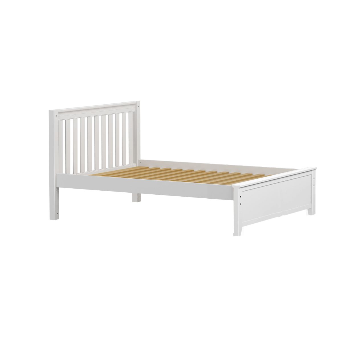 White wooden bed frame with slatted headboard and footboard, minimalist design.