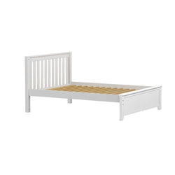 White wooden bed frame with slatted headboard and footboard, minimalist design.