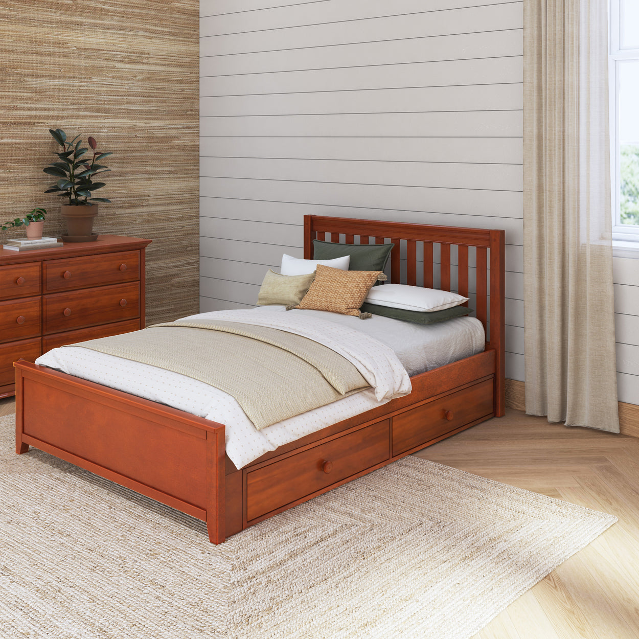Wooden bed frame with storage drawers in a cozy bedroom setting, featuring neutral decor and large windows for natural light.