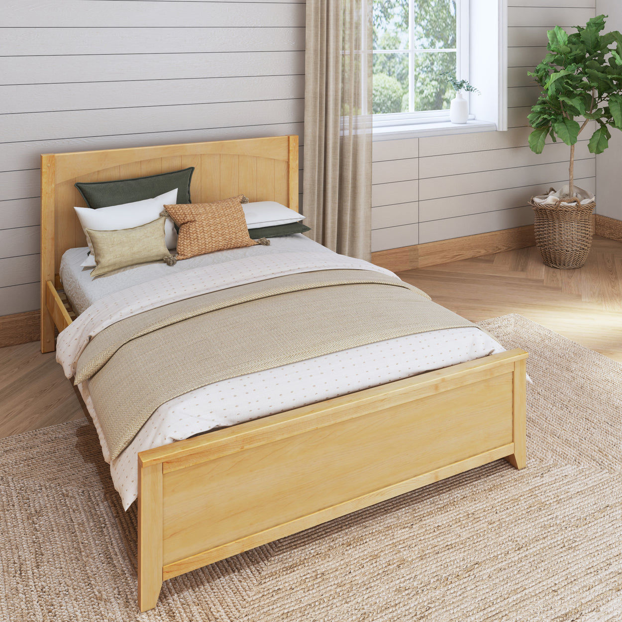 Cozy bedroom with a light wooden bed frame, neutral bedding, and indoor plant by the window.