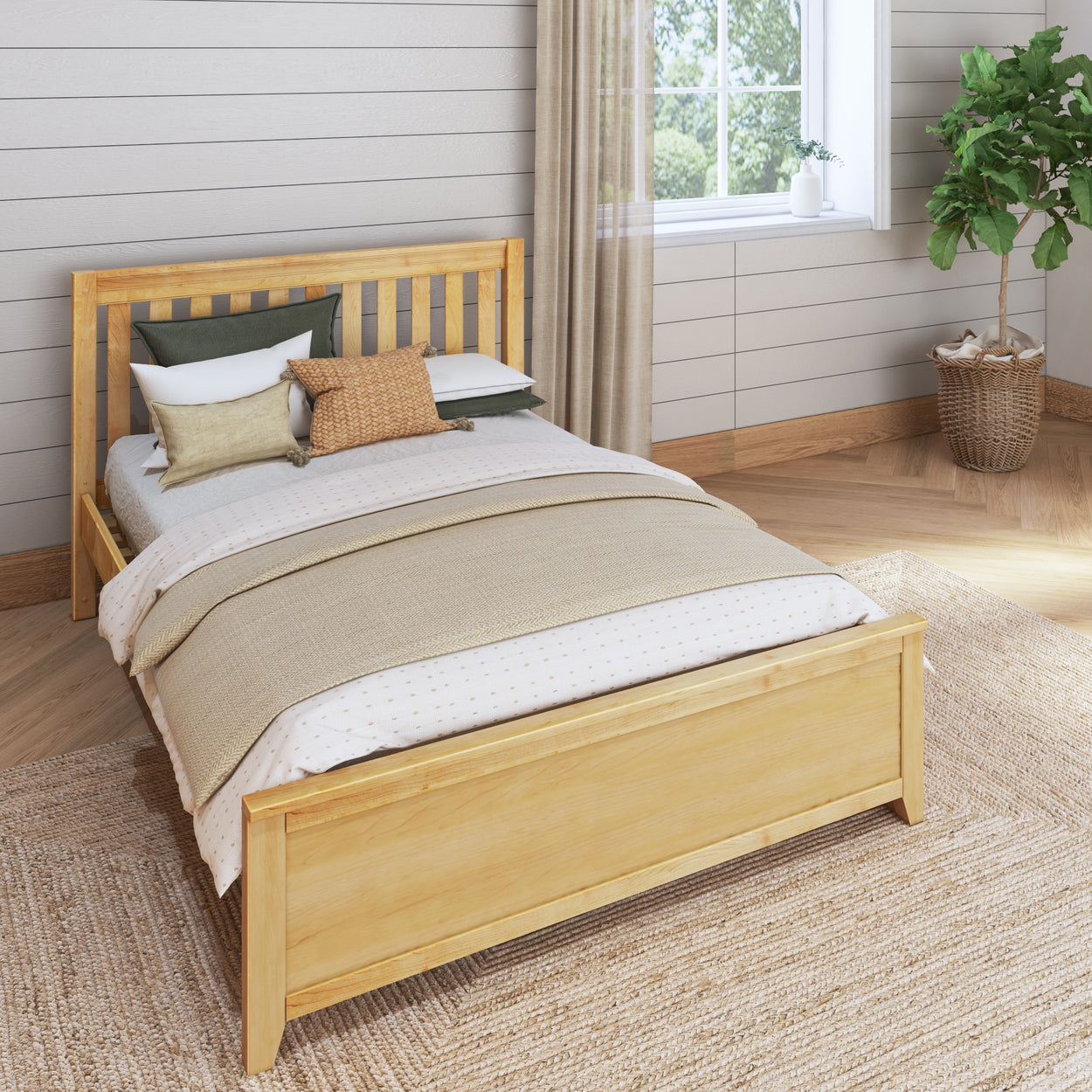 Wooden platform bed with beige linens and decorative pillows in a modern bedroom setting.