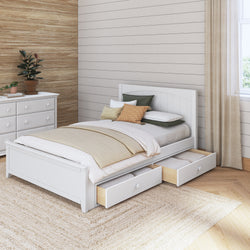 White wooden platform bed with underbed storage drawers, cozy beige and green bedding in a modern bedroom with textured walls and natural light.