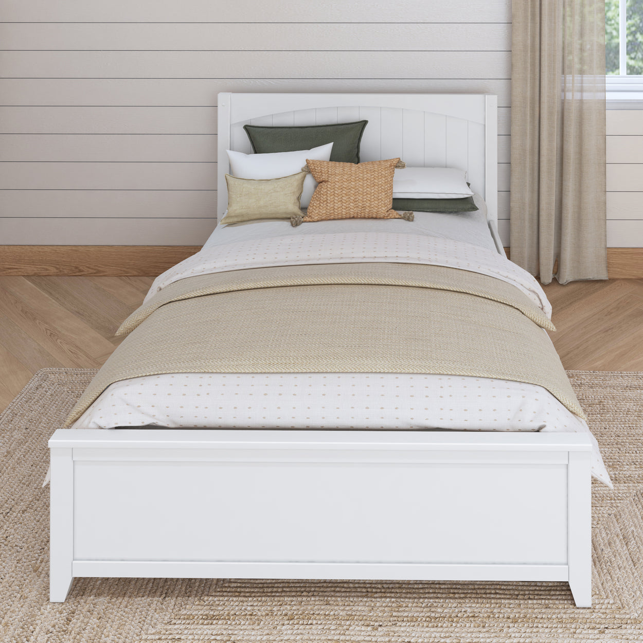 Stylish white wooden bed frame with decorative pillows and beige bedding in a modern bedroom setting.