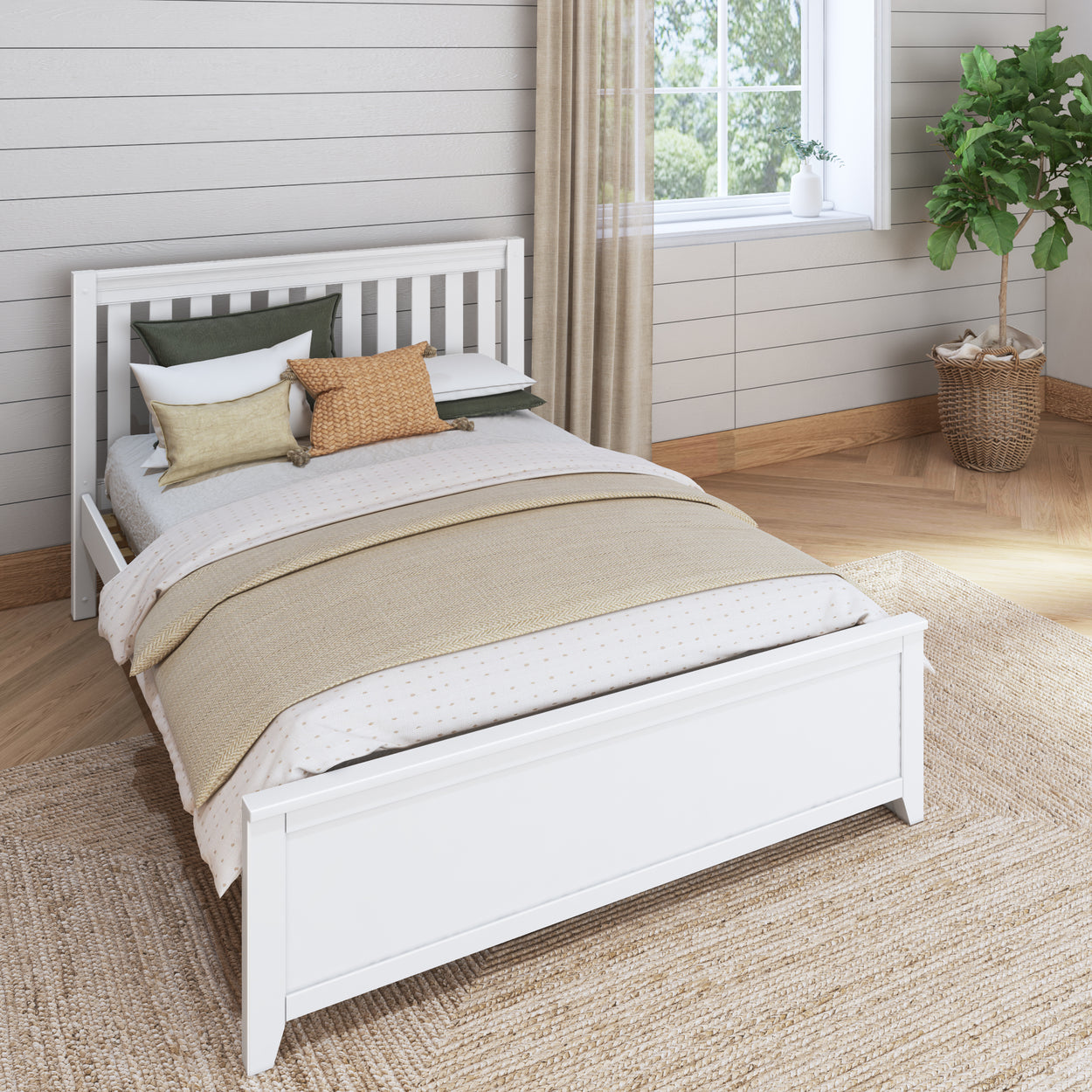 Cozy bedroom with a modern white bed frame, neutral bedding, and decorative pillows, featuring a large window and a potted plant for a serene ambiance.