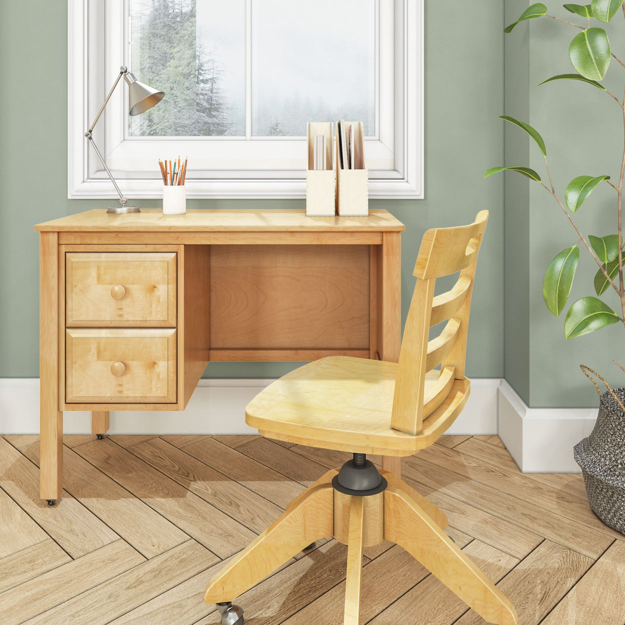 Simple wooden desk and chair with modern accessories in a bright home office setting.
