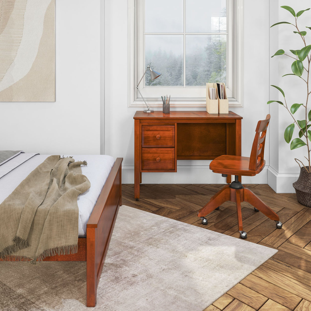 Wooden home office setup with desk, chair, and decor in a minimalist bedroom.