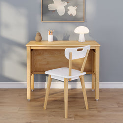 Minimal Scandinavian wooden study desk with white chair, mushroom lamp, pencil holder and framed bird nursery wall art