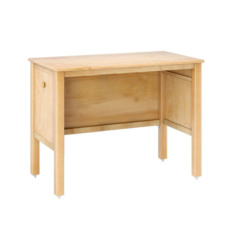 Light wood rolling kitchen island with open storage shelf, side panel and caster wheels, isolated on white background