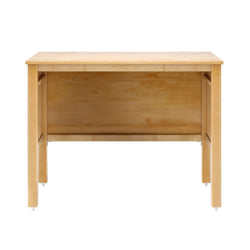 Light maple wood desk frame and tabletop with casters, front close-up showing open lower storage and natural wood finish