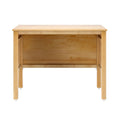 Maple wood desk with open storage and caster wheels on white background — natural finish minimalist writing table