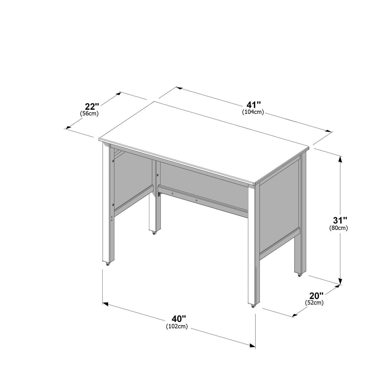 Assembly diagram of a small wooden writing desk with labeled dimensions: 41" (104 cm) top length, 22" (56 cm) depth, 31" (80 cm) height and 40" (102 cm) overall width, showing leg casters and side support panels