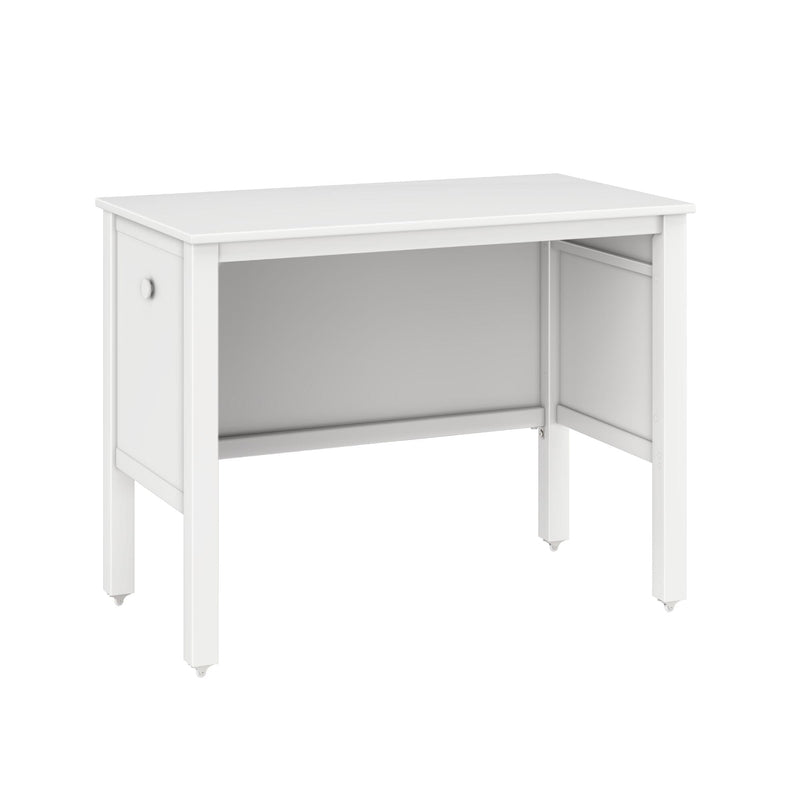 White wooden bedside table with open cabinet, shelf and caster wheels, minimalist modern nightstand for small bedrooms