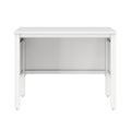 White wooden bedside table with open shelf and caster wheels, modern nightstand front view on white background