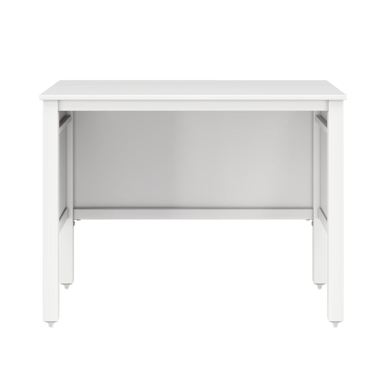 White wooden bedside table with open shelf and caster wheels, modern nightstand front view on white background