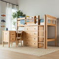 Natural wood kids loft bed with built-in desk, ample drawers and ladder, blue bedding, plant and car wall art in modern children's bedroom