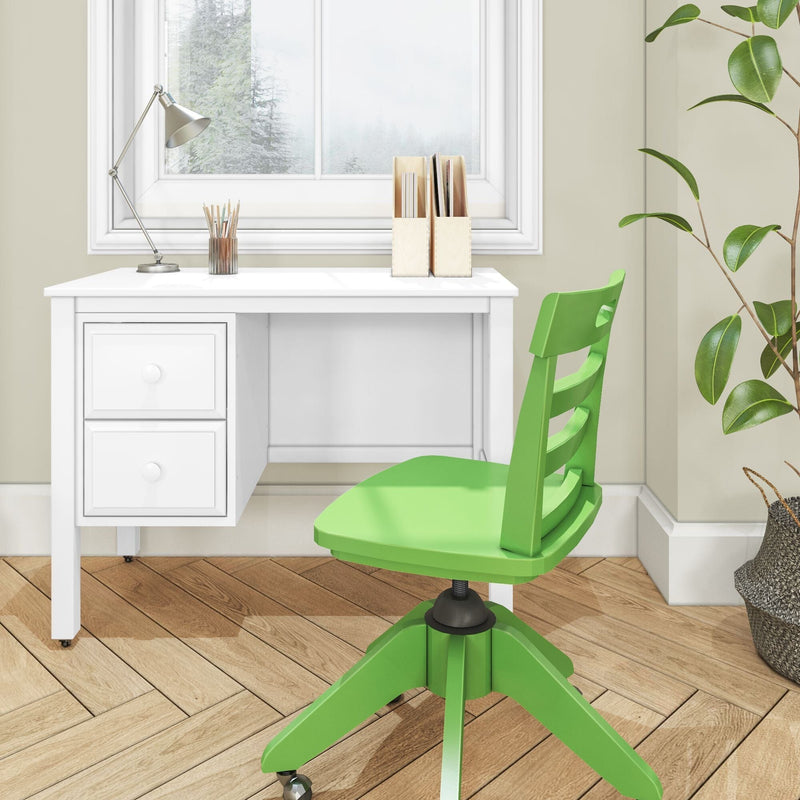 Minimalist home office with white desk, green swivel chair, metal desk lamp, pencil cup and wooden file holders by window with snowy forest view