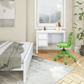 Modern bedroom home office with white desk, green swivel chair, window overlooking misty forest, desk lamp, pencil holder, file organizer, potted plant and gray bedding on parquet floor