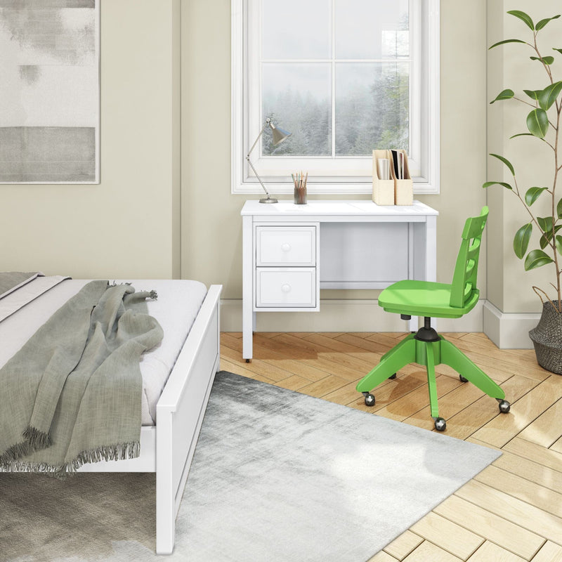 Modern bedroom home office with white desk, green swivel chair, window overlooking misty forest, desk lamp, pencil holder, file organizer, potted plant and gray bedding on parquet floor