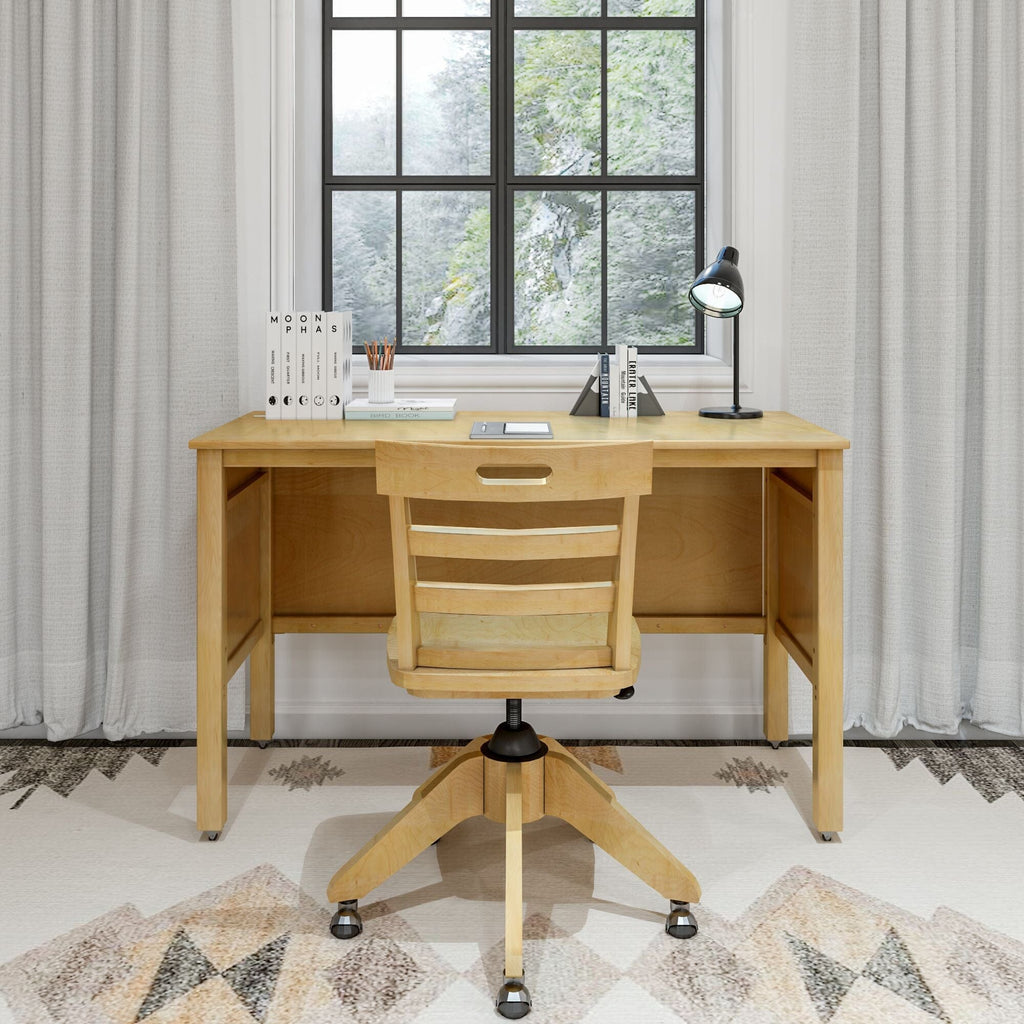 Cozy home office with wooden desk and chair facing a window with scenic outdoor view.