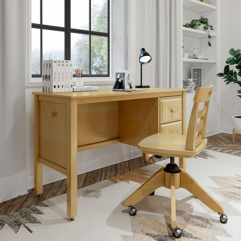 Modern home office with wooden desk, swivel chair, and decor items, perfect for working from home.