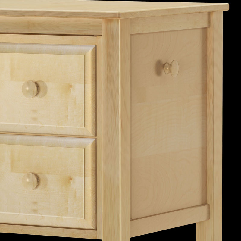 Wooden bedside table with two drawers and a cabinet door, showcasing natural wood grain and round knobs.