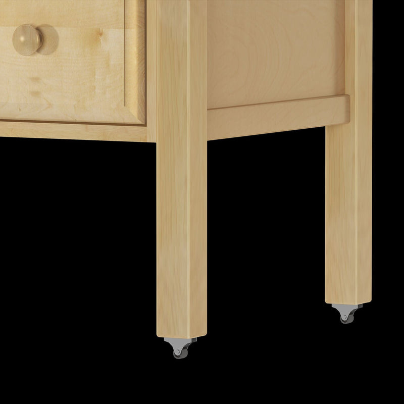 Wooden cabinet leg with caster wheel for easy mobility.