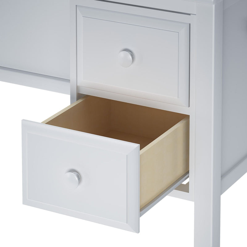 Open white wooden drawer with simple handle, showcasing interior space for storage.