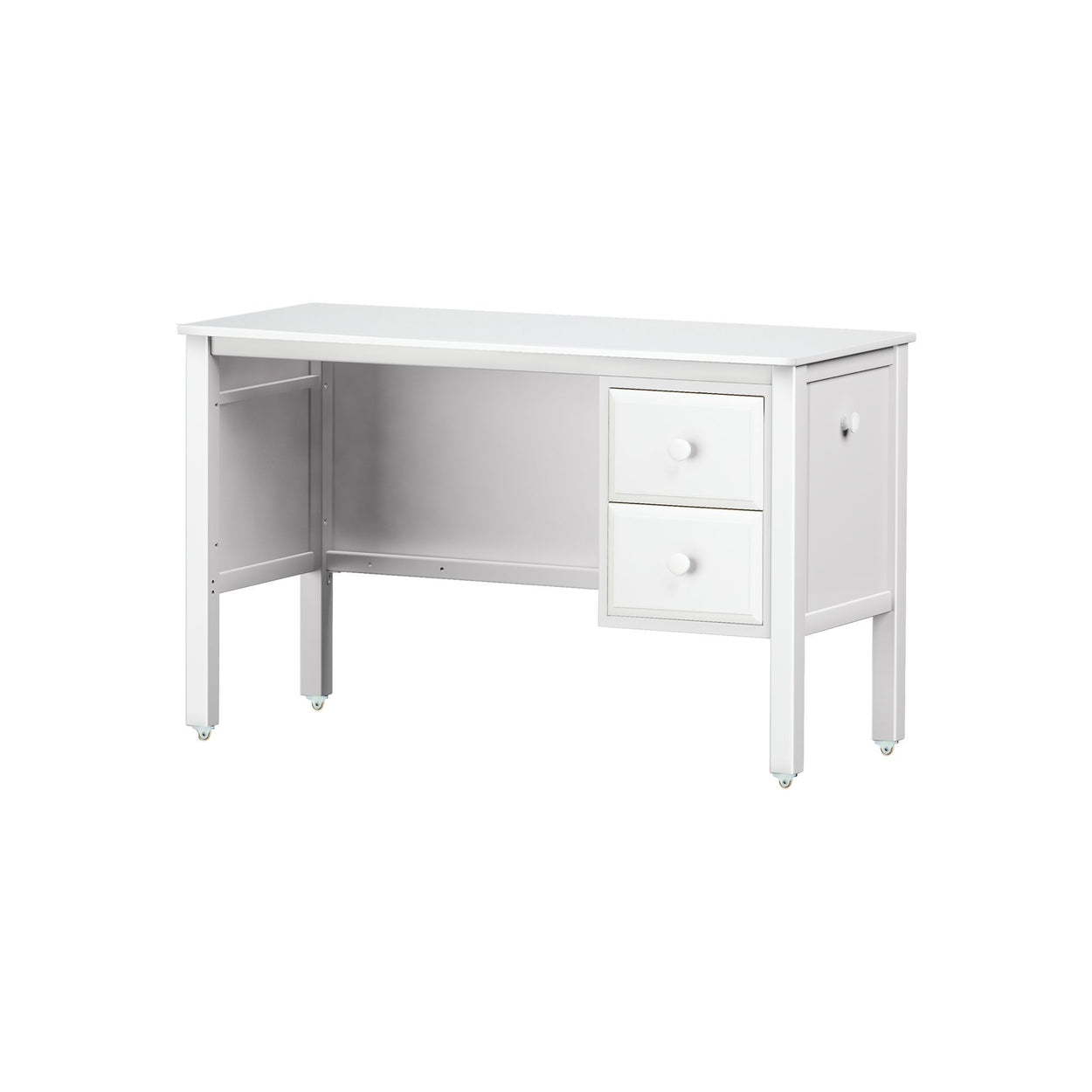White office desk with two drawers on wheels for home workstation organization.
